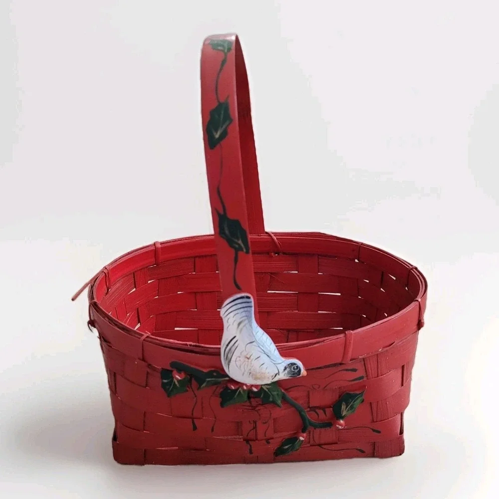 Vintage‎ 1980s Christmas Bird Holly Basket Red